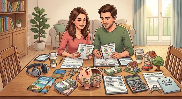 Un cuplu la masă cu documente de planificare financiară, o pușculiță și obiecte care sugerează planuri comune: o casă, o mașină, economii.