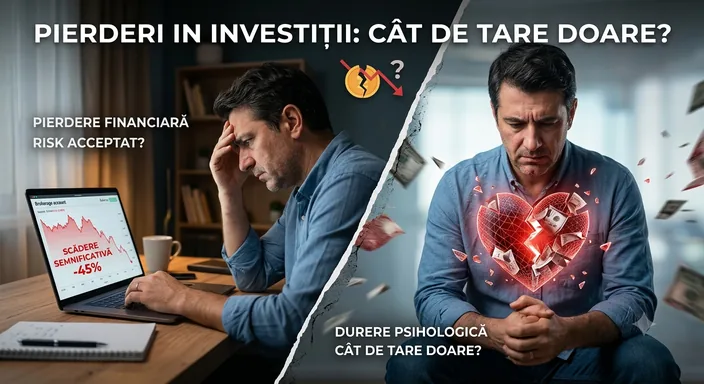 Aceeași persoană în două ipostaze: în stânga privește un grafic în scădere pe laptop, în dreapta stă cu mâinile împreunate, iar peste piept e desenată o inimă frântă din care zboară bancnote.