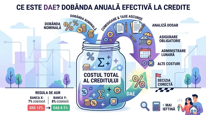 Ilustrație: un borcan etichetat „costul total al creditului”, în care se adună dobânda nominală, comisioanele, analiza de dosar și asigurarea obligatorie; alături, două oferte bancare comparate atât prin dobândă, cât și prin DAE.