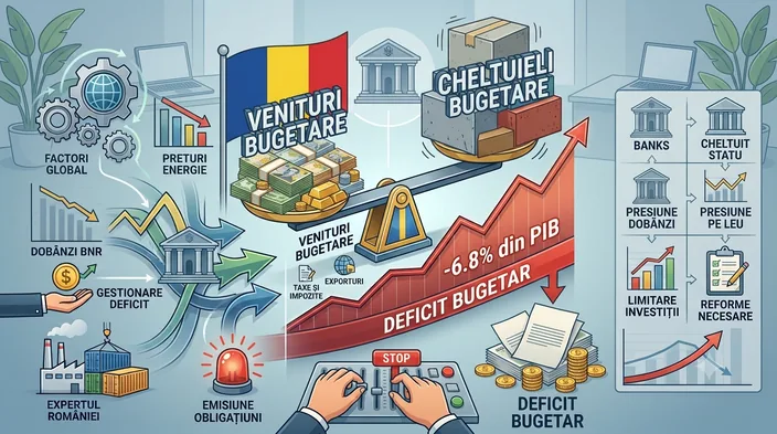 O balanță înclinată: pe un taler teancuri de bani ca venituri bugetare, pe celălalt cutii mai grele ca cheltuieli bugetare, cu o curbă roșie care coboară.