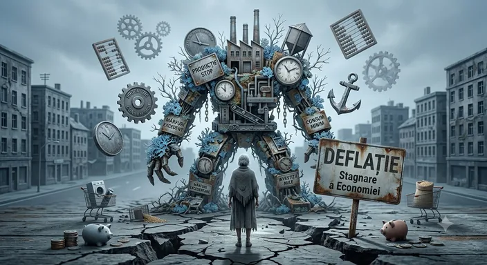 Ilustrație: deflația înfățișată ca un mecanism greoi de ceasuri și rotițe, deasupra unui oraș cu ateliere închise și pământ crăpat, cu o siluetă mică privind în sus.