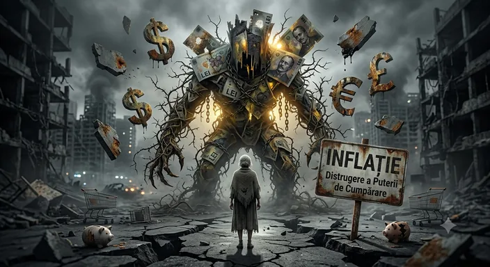 Ilustrație: inflația înfățișată ca o siluetă uriașă alcătuită din bancnote, într-un oraș pustiit, cu un panou pe care scrie „Inflație — distrugere a puterii de cumpărare".