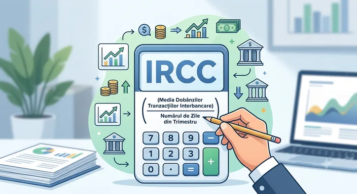Un calculator mare pe care scrie IRCC, înconjurat de clădiri de bancă, grafice și monede.