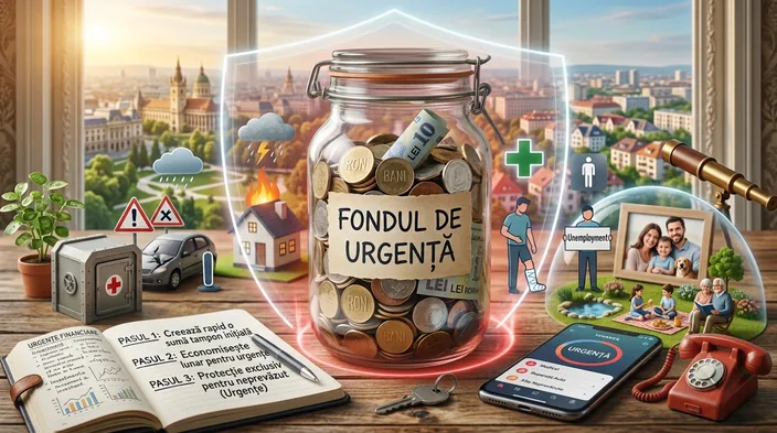Ilustrație: un borcan cu bani etichetat „fondul de urgență”, apărat de un scut transparent și înconjurat de simbolurile situațiilor neprevăzute: mașină, casă, spital, telefon.