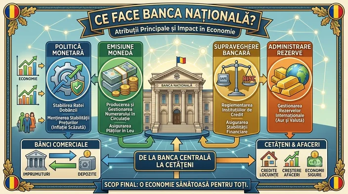 Schemă cu cele patru atribuții ale Băncii Naționale — politică monetară, emisiune de monedă, supraveghere bancară și administrarea rezervelor — și săgeți care coboară de la banca centrală spre bănci comerciale și cetățeni.