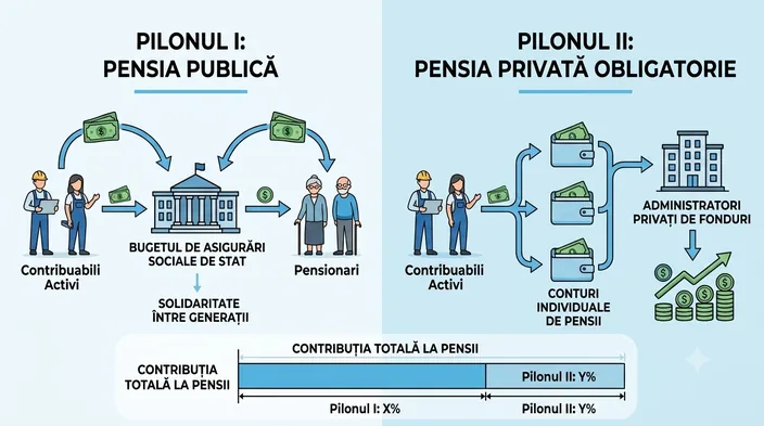 Schemă în două părți: la Pilonul I contribuțiile trec de la salariați către pensionari prin bugetul de stat, la Pilonul II intră în conturi individuale administrate privat.