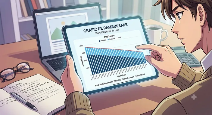 Ilustrație: o persoană se uită pe o tabletă la graficul de rambursare al unui credit — coloane lunare în care partea de dobândă scade treptat, iar partea de principal crește.