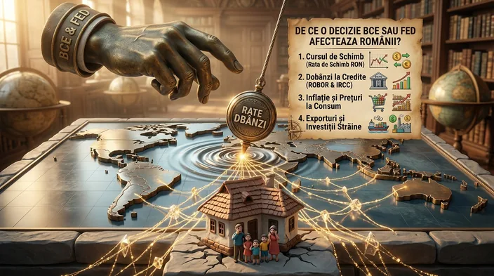Un pergament cu lista efectelor deciziilor BCE și FED, sprijinit pe o hartă a Europei; deasupra, o mână de bronz coboară spre o casă mică.