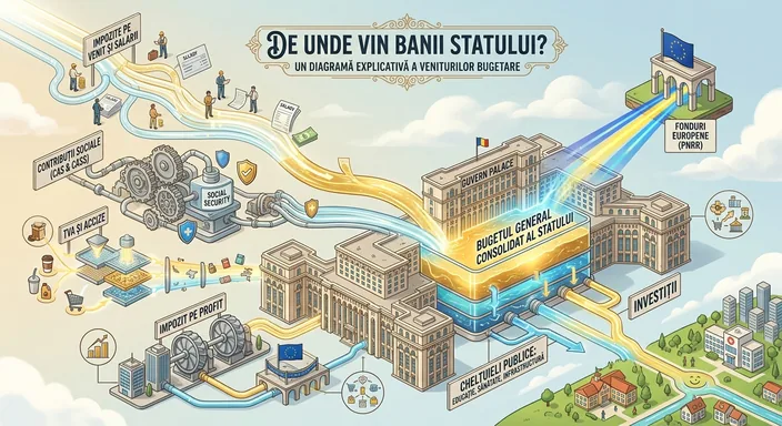 Diagramă desenată în care fluxuri colorate pornesc de la impozite, contribuții sociale și fonduri europene și se adună în clădirea bugetului de stat.