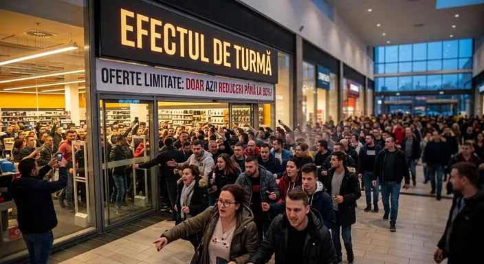 Mulțime înghesuită la intrarea unui magazin, sub o firmă luminoasă pe care scrie EFECTUL DE TURMĂ și un banner cu oferte limitate.