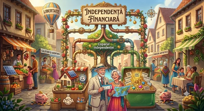 Ilustrație: un târg însorit, cu o poartă pe care scrie „independență financiară” și un copac din care cresc monede, în timp ce oamenii cumpără și vând în piață.