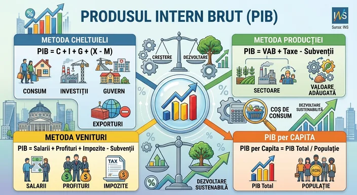 Diagramă cu cele trei metode de calcul al produsului intern brut — cheltuieli, producție și venituri — fiecare cu formula ei și cu pictograme.