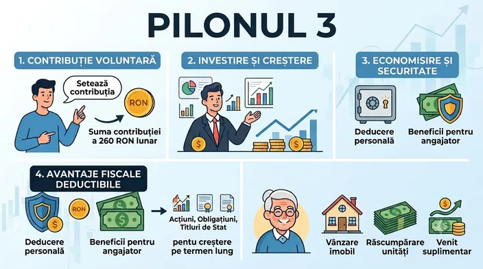 Schemă în patru pași a Pilonului III: contribuția voluntară, investirea contribuțiilor, siguranța acumulării și avantajele fiscale.