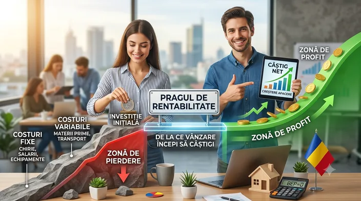 Doi antreprenori lângă un indicator rutier pe care scrie „pragul de rentabilitate”, între o pantă cenușie de pierdere și una verde de profit.
