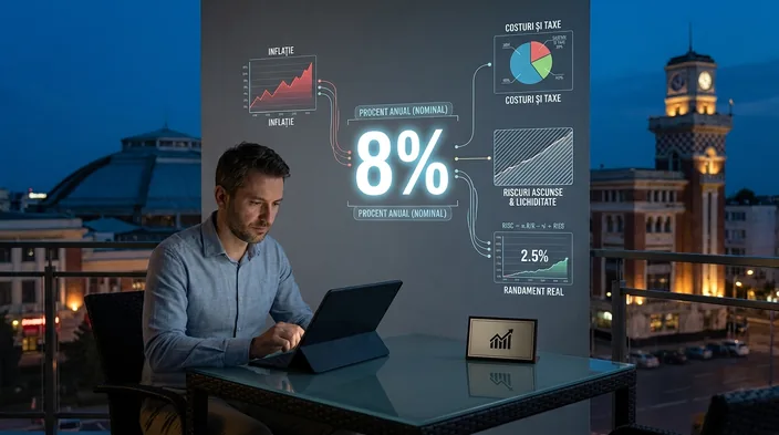 Bărbat lucrând la laptop noaptea; deasupra, un panou luminos cu cifra 8% legată de grafice despre costuri, taxe și randament real.