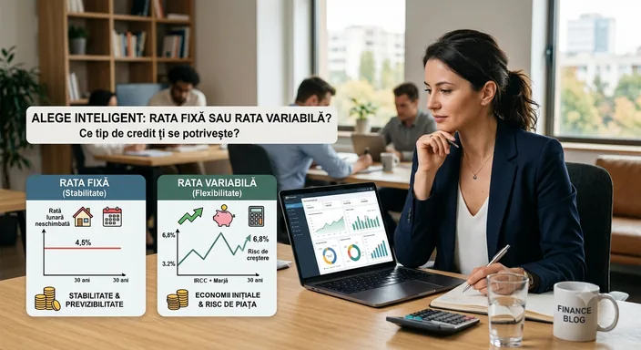Două panouri alăturate: rata fixă, cu o linie dreaptă, și rata variabilă, cu o linie care urcă și coboară în timp.