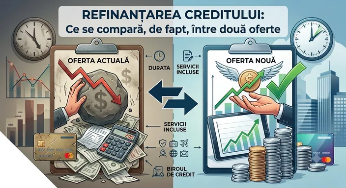 Comparație între oferta de credit actuală și una nouă, cu elementele care se pun față în față: durata, serviciile incluse și costurile.