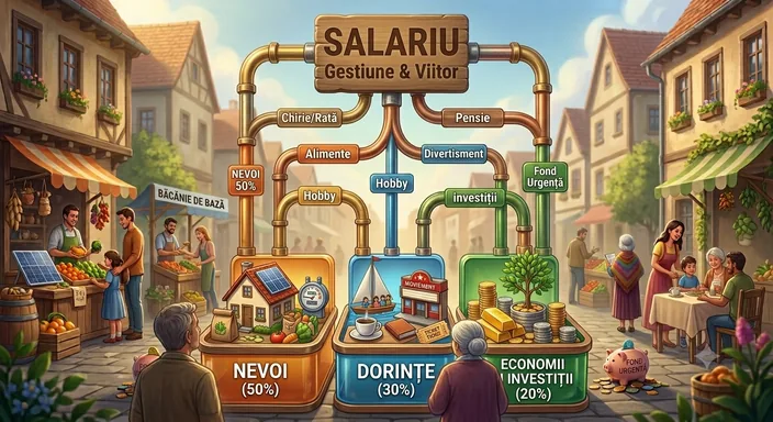 Ilustrație: o conductă care pleacă de la o placă pe care scrie „salariu” și se desparte în trei ramuri — nevoi, dorințe, economii și investiții — deasupra unui târg aglomerat.