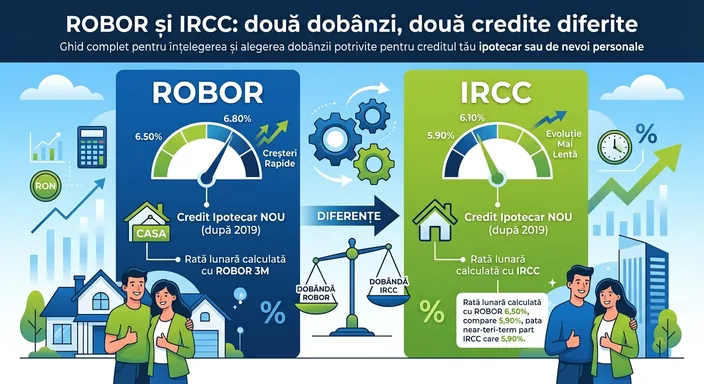 Infografic cu două panouri alăturate, ROBOR în albastru și IRCC în verde, fiecare cu un cadran de dobândă și cu o familie în fața unei case.