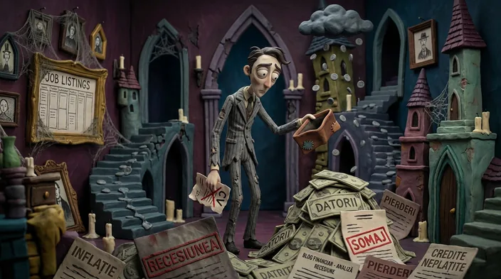 Scenă în stop-motion cu o marionetă în costum care întoarce un portofel gol, înconjurată de ziare pe care scrie ȘOMAJ, DATORII și INFLAȚIE.