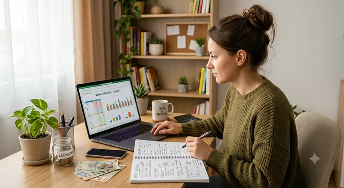 O femeie lucrând la laptop, cu grafice de venituri neregulate pe ecran și un caiet de calcule alături.